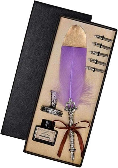 Quill Feather Pen and Ink Set,Calligraphy Set,Calligraphy Kits Include Antique Quill Feather Pen,6 Nibs,1 Bottles Inks,Pen Holder for Beginners Birthday Gift（Purple）