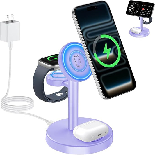 2026 3 in 1 Wireless Charging Station Compatible with MagSafe, 15W Fast Magnetic Mag-Safe Charger Stand for Apple iPhone 17 16 15 14 13 12 Series iWatch AirPods Pro 4 3 2, Purple