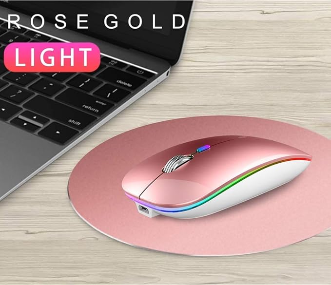TENMOS Wireless Bluetooth Mouse, LED Slim (BT 5.1 + USB) 2.4GHz Rechargeable Silent Mouse with Type C Adapter for Laptop/MacBook/iPad OS 13 and Above (Rose Gold)