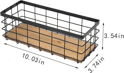 TIEYIPIN Farmhouse Small Metal Wire Storage Basket Bin, Rustic Home Storage Organizer with Wooden Bottom for Kitchen, Cabinets, Bathroom Counter, Pantry, Garage, Laundry Room - Black