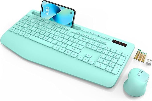 SABLUTE Wireless Keyboard and Mouse, Wrist Rest, Phone Holder, Batteries Included, 2.4G Lag-Free Ergonomic Keyboards Mouse Combo, Silent Keyboard Cordless Set for PC, Laptop, PC, Windows, Mint Green