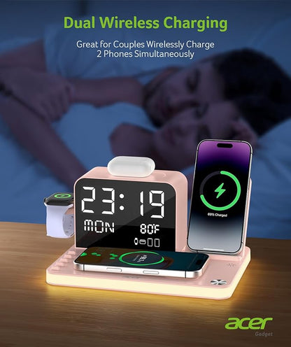 Acer 7-in-1 Wireless Charging Station with LED Clock - 30W Fast Wireless Charger for iPhone 16/15/14/13/12/Pro Max, Apple Watch, AirPods - Bluetooth Auto Time Sync & Night Lights (Pink)