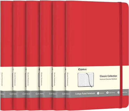 Comix 6 Pack Lined Journal Notebooks for Work, 240 Pages, 5.5"x8.3", Red, Hardcover, A5 Medium College Ruled, Journaling Notebooks for Notes-taking, Fits for Office School Home