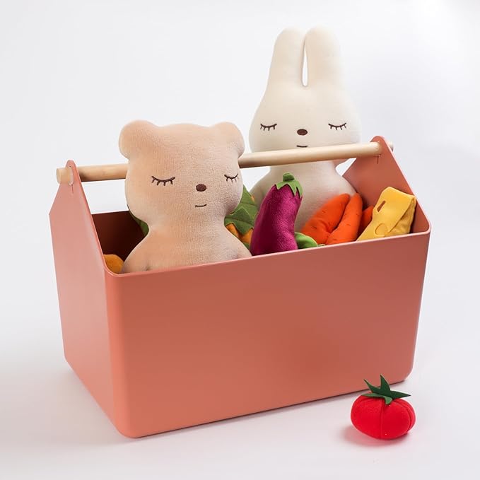 BLUE GINKGO Large Storage Basket – Plastic Caddy with Wooden Handle for Bathroom, Pantry, or Cleaning Supplies (Terracotta)