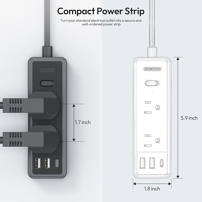 NTONPOWER Flat Extension Cord 10 ft, 1080 Joules Surge Protector Power Strip with 6 Widely Outlets 3 USB (1 USB C), Flat Plug Extension Cord Power Strip Long Cord for Home Office Dorm Room Essentials