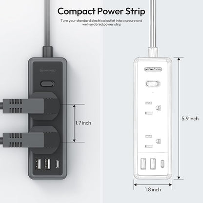NTONPOWER Flat Extension Cord 10 ft, 1080 Joules Surge Protector Power Strip with 6 Widely Outlets 3 USB (1 USB C), Flat Plug Extension Cord Power Strip Long Cord for Home Office Dorm Room Essentials