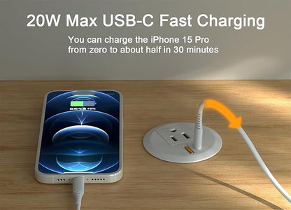 2pcs Desktop Power Grommet,2-inch Hole,10ft Cord,20W USB C Fast Charging Station,Round Recessed Outlet,2-USB Port,Flush Mount,Flat Plug,White