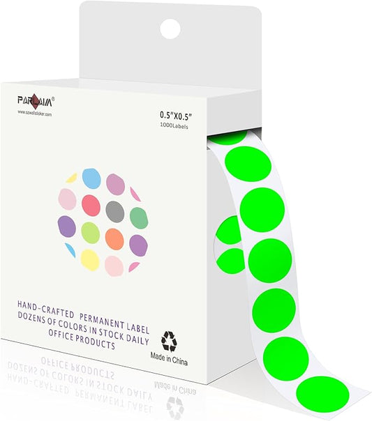 PARLAIM 1/2 Inch Circle Sticker Labels,1000 Stickers Round Color Coding Circle Dots Stickers,Roll Dot Sticker Label for Office Home Office(Fluorescent Green)