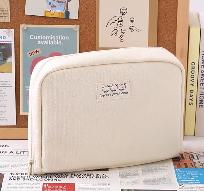 Pencil Case Pouch Box Cute Kawaii Large Capacity Aesthetic Zipper Pen Holder Organizer Bag for Office Workspace Supplies Desk Accessories Travel (Off-White)