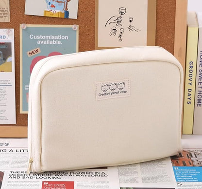 Pencil Case Pouch Box Cute Kawaii Large Capacity Aesthetic Zipper Pen Holder Organizer Bag for Office Workspace Supplies Desk Accessories Travel (Off-White)