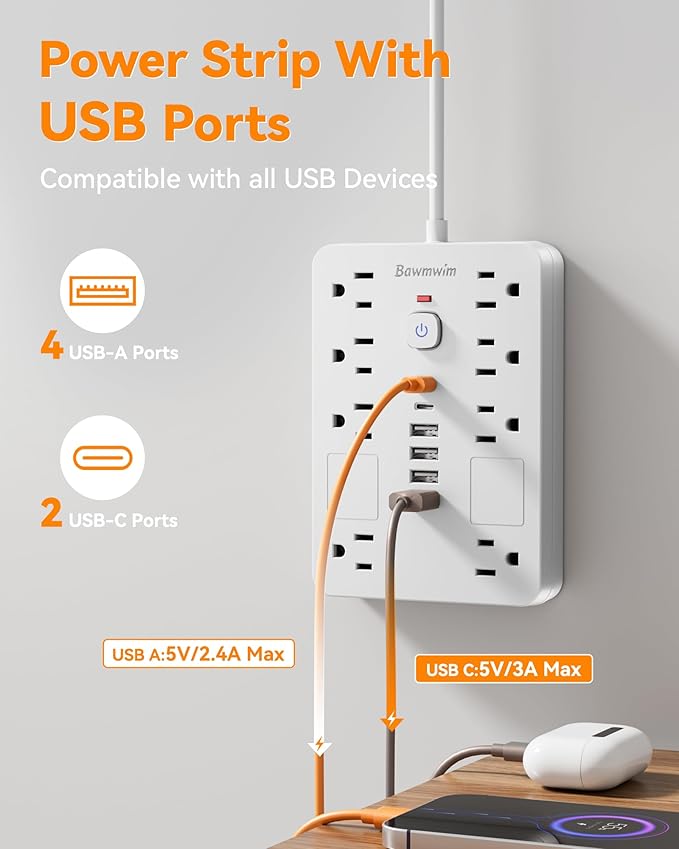 Surge Protector Power Strip - 8 Outlets(1850W/15A) with 6 USB Ports（2 USB C, 6FT Flat Plug Extension Cord, Wall Mount Multi Plug Outlet Extender, ETL Listed for Home, Dorm Room, White