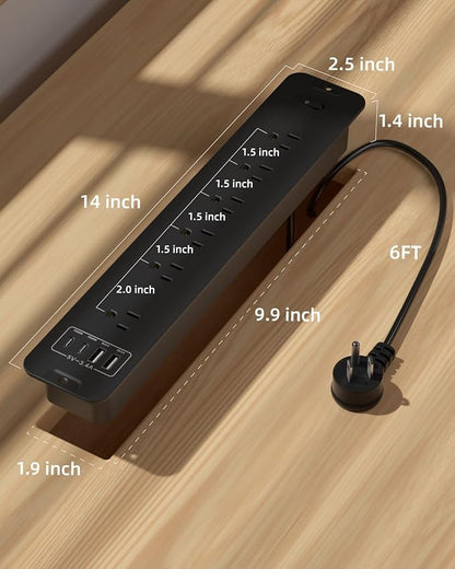 Recessed Power Strip Extension - 10 Outlet Surge Protector with 6 AC - 2 USB-A（18W） and 2 USB-C（PD20W） Ports - Flush Mount Desk Outlet with 6 Feet Cord - for Conference Table (Black)