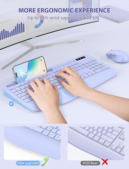 SABLUTE Wireless Keyboard and Mouse, Wrist Rest, Phone Holder, Batteries Included, 2.4G Lag-Free Ergonomic Keyboards Mouse Combo, Silent Keyboard Cordless Set for Computer, Laptop, PC, Windows, Purple