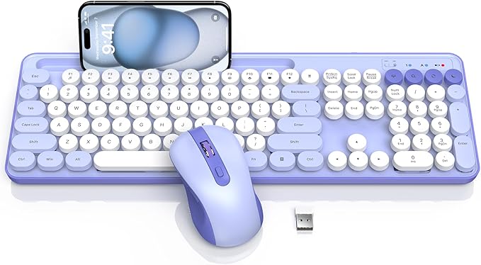 Wireless Keyboard and Mouse Combo, Retro Round Keycaps, Cute Full-Size Typewriter Keyboard with Phone Holder, Sleep Mode, Click Soft, 2.4GHz Cordless Connection for Windows/PC/Laptop