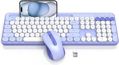 Wireless Keyboard and Mouse Combo, Retro Round Keycaps, Cute Full-Size Typewriter Keyboard with Phone Holder, Sleep Mode, Click Soft, 2.4GHz Cordless Connection for Windows/PC/Laptop