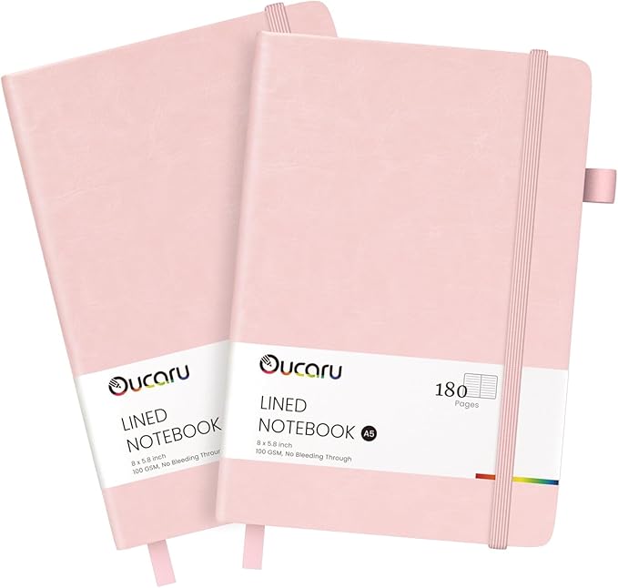 Oucaru Lined Journal Notebook, 2 Pack, 180 Pages, A5 Journals for Writing, 100 GSM Thick Paper, Small Notebooks Daily Journal for Women Men Work, Business, School, Travel Supplies