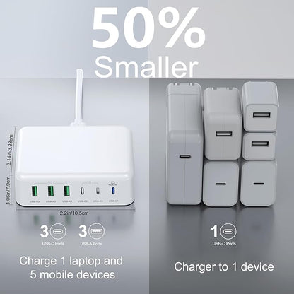 150W USB C Mac Book Pro Charger,6 Port Type C Charging Station PD Hub Brick USB A QC Wall Chargers Power Adapter Desk Plug Cube for iPhone 16 15 ProMax/AirPods4 65W Laptop Charger for MacBook Air Pro