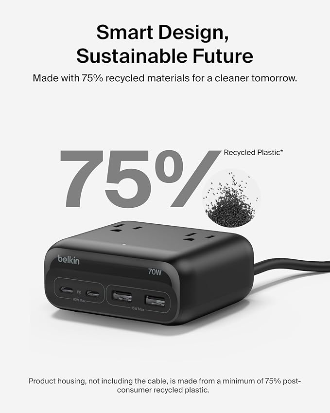 Belkin GaN Charging Station 70W, 7-in-1 Dual USB C Charger w/ 3X AC Outlets, 2X USB A Ports - Power Strip for iPhone, Apple Watch, iPad, MacBook, Chromebook, Samsung Galaxy, Pixel 10, & More - Black