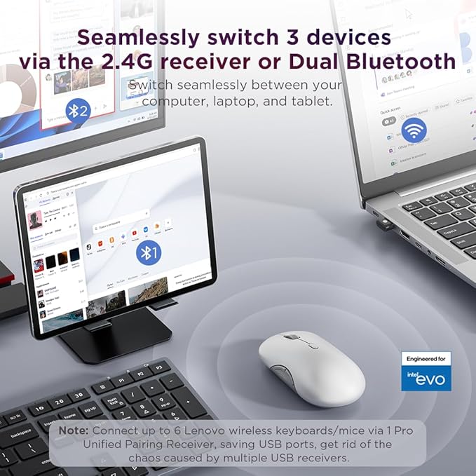 Lenovo 700 Multi-Device Wireless Mouse, Bluetooth or 2.4 GHz USB-A Connection, Connect up to 3 Devices, 36 Month Battery Life, Seashell