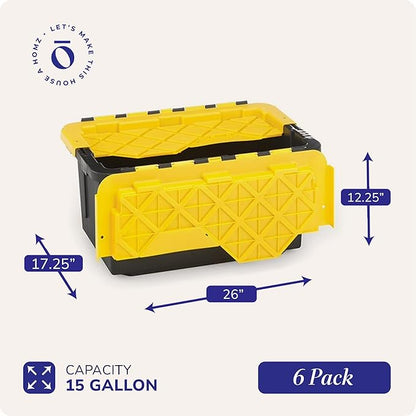 HOMZ 6-Pack Durabilt Tote, Heavy Duty Plastic Storage Bins with Lids, 15 Gallon, Black/Yellow - Stackable Organizing Containers for Home, Garage, and Office