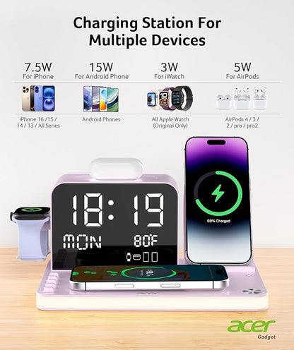 Acer 7-in-1 Wireless Charging Station with LED Clock - 30W Fast Wireless Charger for iPhone 16/15/14/13/12/Pro Max, Apple Watch, AirPods - Bluetooth Auto Time Sync & Night Lights (Purple)