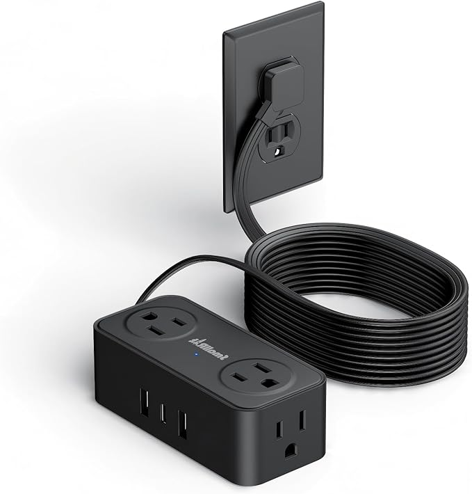 SMALLRT Thin Flat Extension Cord with USB C, Small Flat Plug Power Strip with 4 AC Outlets 3 USB (1 USB C), 6.5FT Small Power Strip Wall Mountable Cruise Ship, Travel, Home (Black, 16.5 FT)