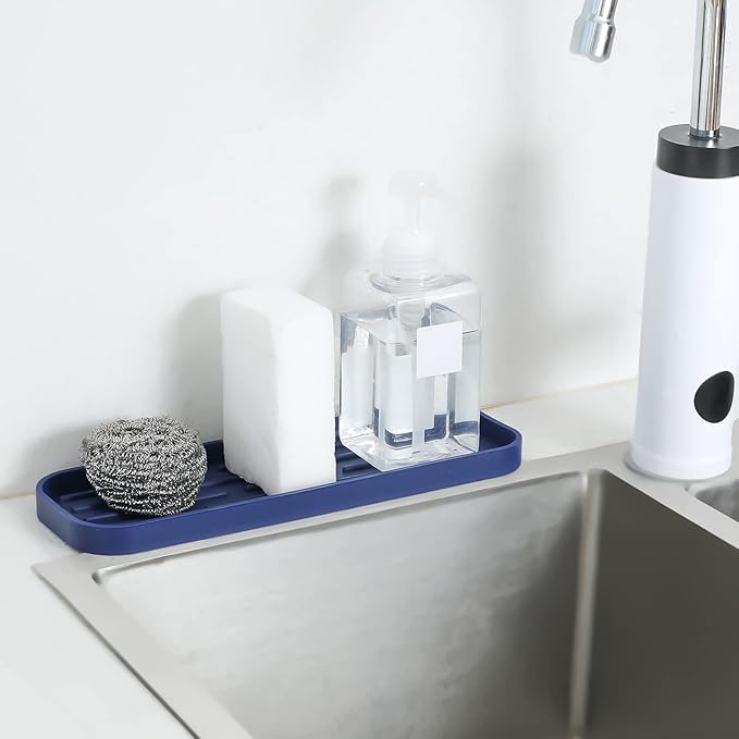 Silicone Kitchen Sink Organizer Tray for Multiple Usage,Eco-Friendly Sponges Holder for Kitchen Bathroom Counter or Sink,Dish Soap Dispenser,Scrubber,Bottle,Cup (Navy Blue, 12"×4")