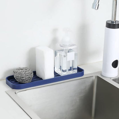 Silicone Kitchen Sink Organizer Tray for Multiple Usage,Eco-Friendly Sponges Holder for Kitchen Bathroom Counter or Sink,Dish Soap Dispenser,Scrubber,Bottle,Cup (Navy Blue, 12"×4")