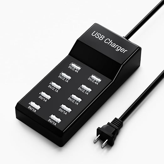 USB Charging Station 50w10A 10-Port Charger, Multiport Charger Hub, Compatible with iPhone, Galaxy, iPad Tablet, and Other Devices（Black）