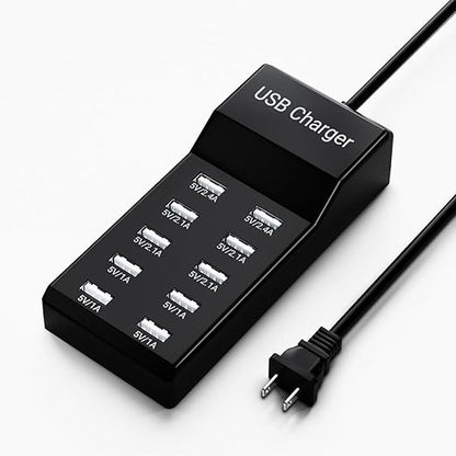 USB Charging Station 50w10A 10-Port Charger, Multiport Charger Hub, Compatible with iPhone, Galaxy, iPad Tablet, and Other Devices（Black）