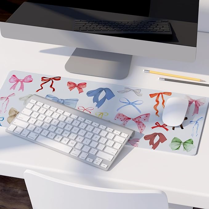 Kawaii Bow Mouse Pad, Girly Coquette Bow XL Large Mouse Pad, Girls Preppy Trendy Laptop Desk Mat For Girly Room Dorm Home Office, Colorful Bows Gifts for Teen Girls,31.5x11.8