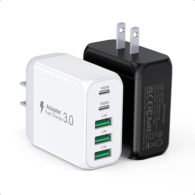 60W USB C Wall Charger Block, 2Pack 5-Port C Charger Fast Charging Block PD Power Adapter+QC 3.0 Multiport Type C Box Brick Cube USB A Wall Plug for iPhone 15/16/17 Pro Max Plus, iPad,Galaxy S24/S23