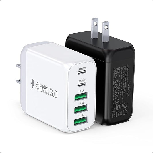 60W USB C Wall Charger Block, 2Pack 5-Port C Charger Fast Charging Block PD Power Adapter+QC 3.0 Multiport Type C Box Brick Cube USB A Wall Plug for iPhone 15/16/17 Pro Max Plus, iPad,Galaxy S24/S23