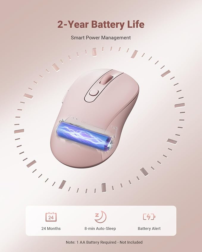 USB Wireless Mouse for Laptop PC Mac, 2.4GHz Cordless Mouse with 6 Buttons, 5-Level Adjustable 4000 DPI, Ergonomic Portable Optical Computer Mice, 24-Month Battery Life-Pink
