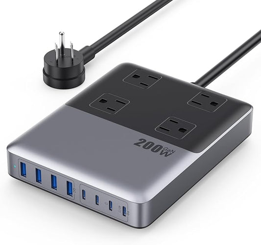 12-in-1 Charging Station USB C Power Strip with 5ft Cord and Plug,200W GaN IV USB C Charger Block,4 AC Outlets,4 USB-A,4 USB-C for MacBook,iPhone 17/16/15,Fast Charging Desktop Charger for Office,Home