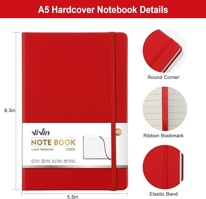 ViVin Lined Journal Notebooks for Work,192 Pages,5.5 x 8.3 inch,College Ruled,A5 Hardcover Journaling Notebooks for Writing,24 Pack Bulk