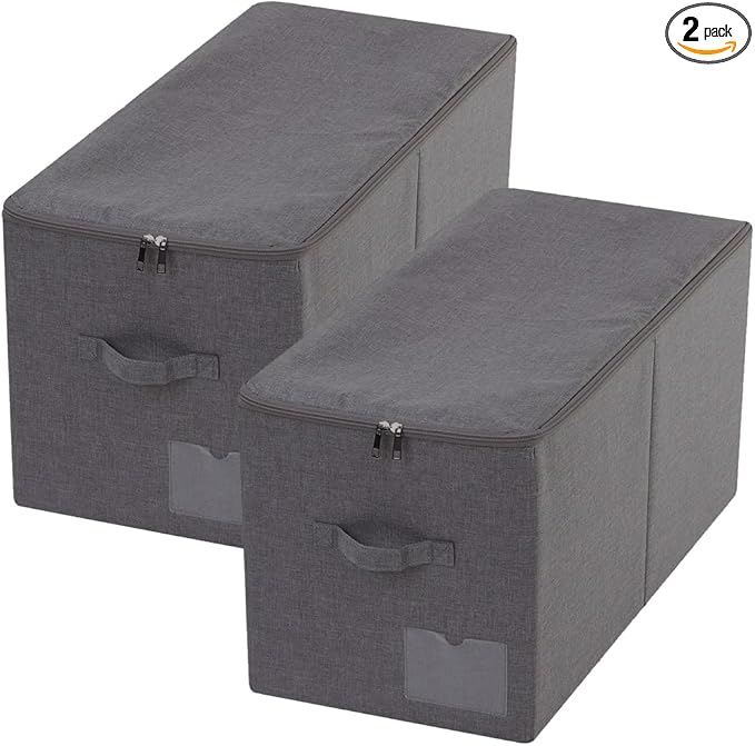 Pack of 2, Folding Clothing Wardrobe Storage Bins with Dust-proof Lid, Large 60L Storage Baskets for Bedroom Closet, Wardrobe Organizer, Such as Sweaters, Down Jackets, Blankets, Black Gray