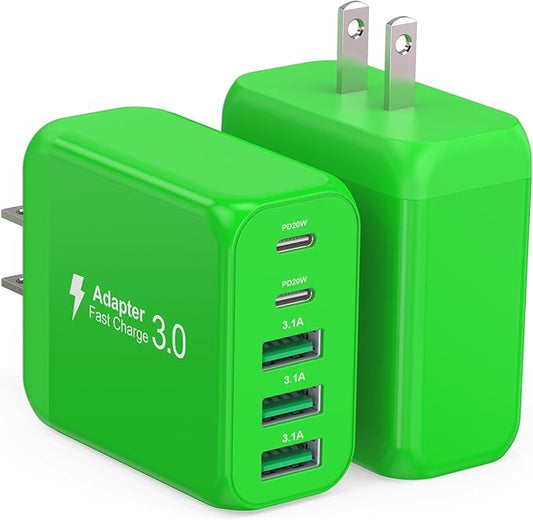 60W USB C Wall Charger Block,5-Port C Charger Fast Charging Block PD Power Adapter +QC 3.0 Multiport Type C Box Charger Cube USB A Wall Plug for iPhone 14/15/16/17 Pro Max Plus,Samsung(Green)(2-Pack)