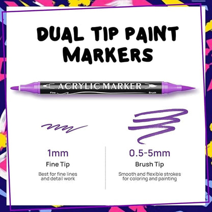 60 Colors Dual Tip Acrylic Paint Markers,Fine Tip and Brush Tip Permanent Acrylic Paint Pens For Rock Painting, Canvas, Wood, Glass, Ceramic, Fabric, Plastic, Egg, Scrapbook,Art Painting Supplies Kit