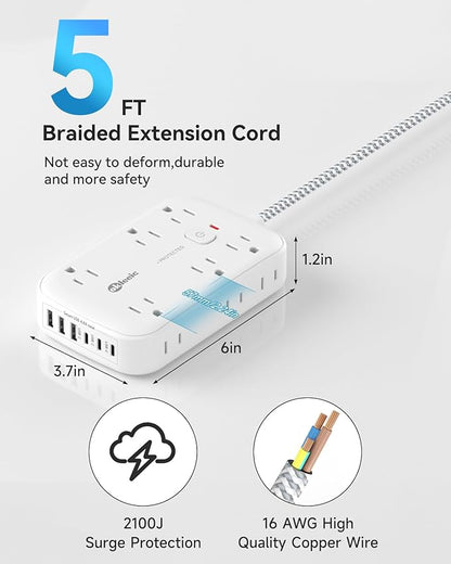 Power Strip with USB, 2100J Surge Protector Flat Plug Extension Cord 5ft, 12 Outlets & 6 USB(3 USB C)Charging Station, 3 Side Outlet Extender Wall Mountable for Tablet Laptop Computer Multiple Devices