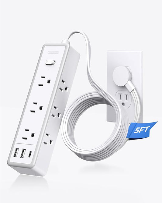 Surge Protector Power Strip, Flat Extension Cord with 9 Widely Outlets 3 USB Ports(1 USB-C), 1080 Joules, 5 FT, Multiple Outlets, Wall Mount, Flat Plug for Indoor Home Office, Dorm Essentials, White