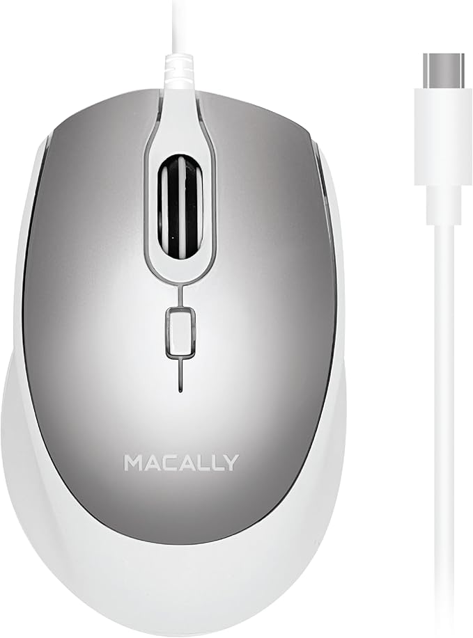 Macally USB C Mouse for Mac - Sculpted for Comfort - Wired Type C for MacBook Pro Air|iPad|PC|iOS|Android - Plug and Play USBC Apple with Ambidextrous Body and 4 DPI Modes - Silver