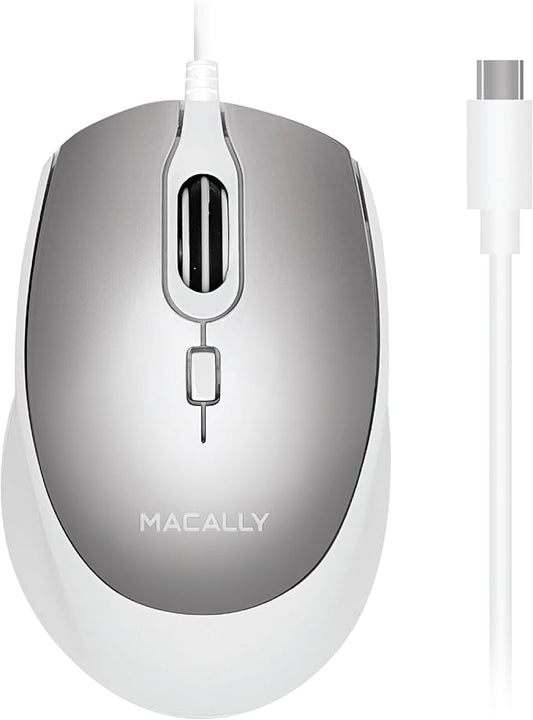 Macally USB C Mouse for Mac - Sculpted for Comfort - Wired Type C for MacBook Pro Air|iPad|PC|iOS|Android - Plug and Play USBC Apple with Ambidextrous Body and 4 DPI Modes - Silver