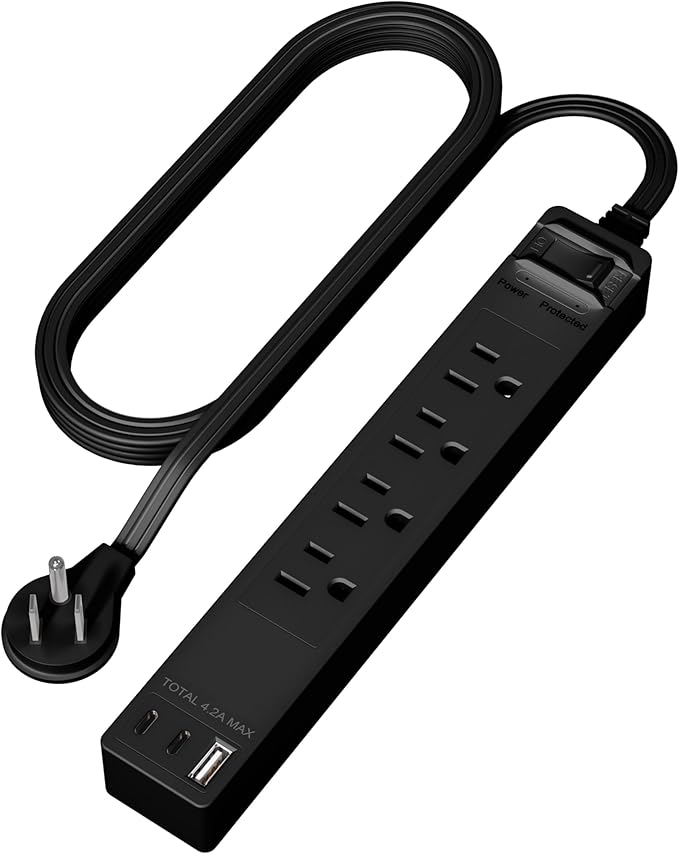 LIDER Outlet Extender with 4 Receptacles, USB-A and 2 USB-C, Ultra-Thin Flat-Plug with Cord Extender, 4-Outlet Power Strip, 45 Degree Angle, Surge Protectect 1500 Joules, 5ft Cord, UL-Listed, Black