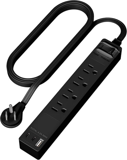 LIDER Outlet Extender with 4 Receptacles, USB-A and 2 USB-C, Ultra-Thin Flat-Plug with Cord Extender, 4-Outlet Power Strip, 45 Degree Angle, Surge Protectect 1500 Joules, 5ft Cord, UL-Listed, Black