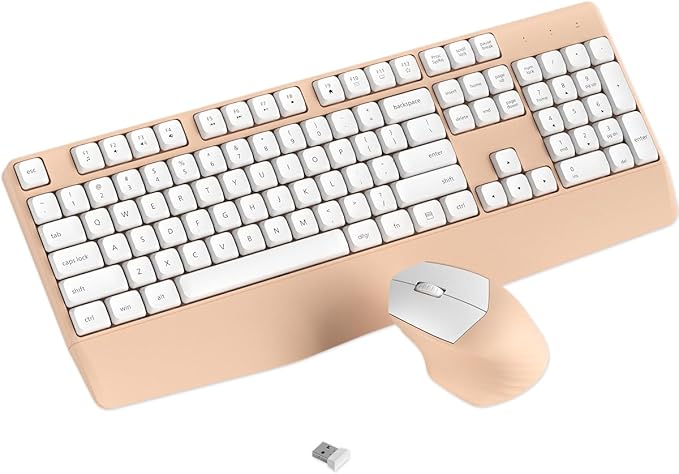 Wireless Keyboard and Mouse Combo, Ergonomic Keyboard with Wrist Rest and Mouse, 2.4Ghz Wireless Connection, Compatible with PC/Laptop/Windows/Mac for Home and Office Use (White Milk Tea)