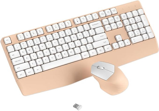 Wireless Keyboard and Mouse Combo, Ergonomic Keyboard with Wrist Rest and Mouse, 2.4Ghz Wireless Connection, Compatible with PC/Laptop/Windows/Mac for Home and Office Use (White Milk Tea)
