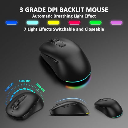 Wireless Keyboard and Mouse Combo, 9 Backlit Effects, Rechargeable 4000mAh Backlit Keyboard with Wrist Rest, 6 Button Mouse, 2.4G Full Size Quiet Keyboard Set for Computer, PC, Laptop, Mac, Windows