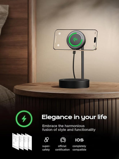 THREEKEY Charging Station, for MagSafe Charger with 180° Rotation, Qi2 15W Fast Charging Pad with Dual-Sided Magnets, Magnetic Wireless Charger Stand for iPhone 16-12 Series/Airpods (TZH104 Black)
