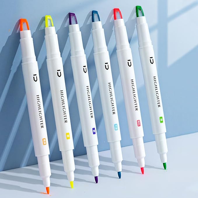 M&G 6 Pcs Cute Dual Tip Highlighters, Rainbow Color No Bleed Dry Quick Chisel Tip Highlighters, Perfect for School,Office, Bible, Notes (Rainbow)